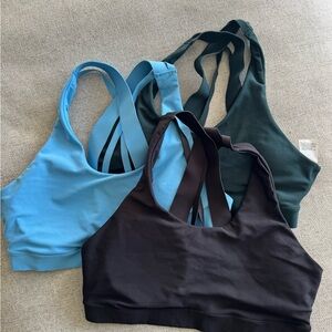 Old Navy Sports Bra Trio in Black, Light Blue, and Dark Green